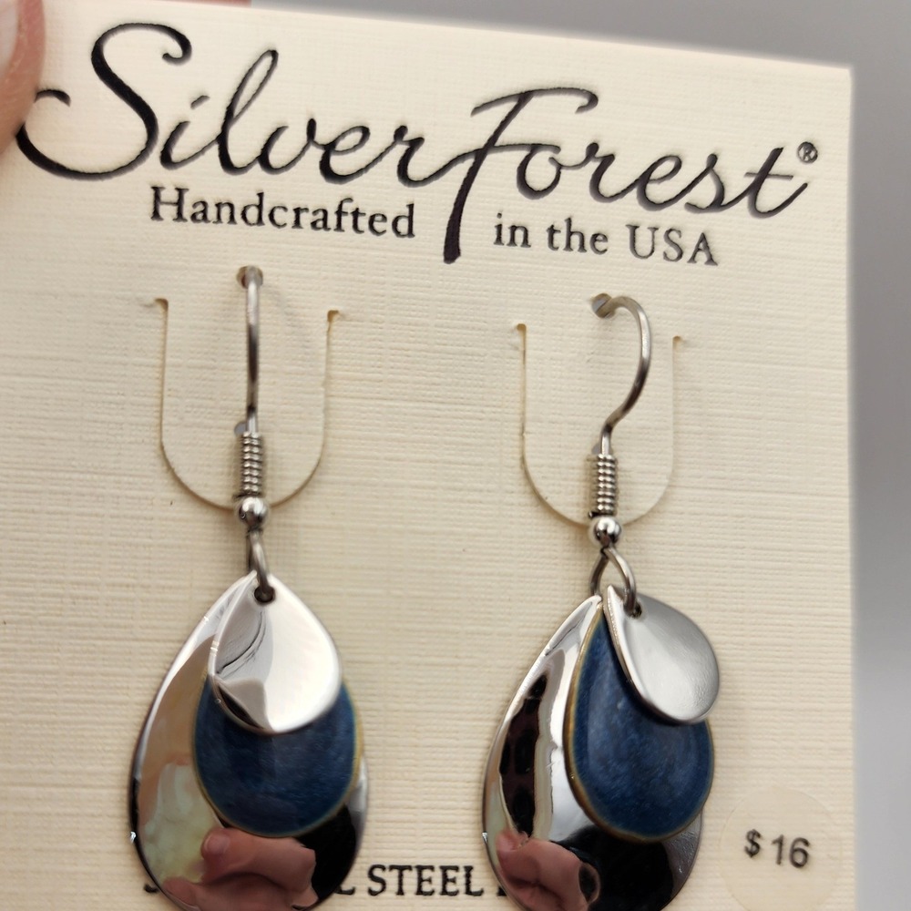 Silver Forest Handcrafted USA Blue Silver Teardrop Surg Steel Earrings E-7886E